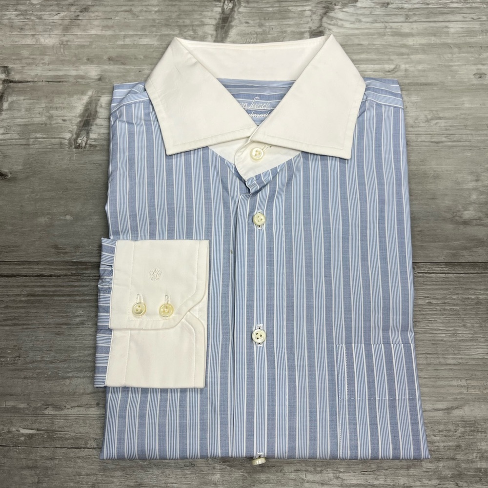 Van Laack Blue & White Stripe White Collar Dress Shirt 16 34/35